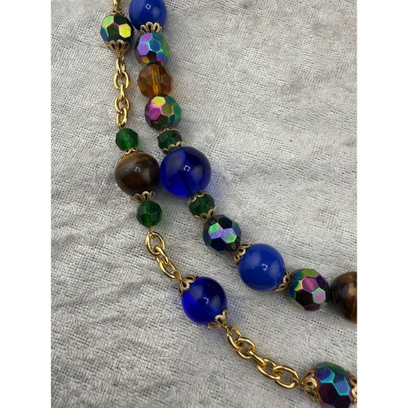 Layered Beaded Necklace Blue AB Gold Tone 26" - Picture 2 of 9